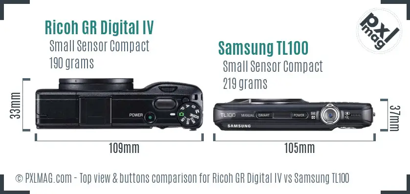 Ricoh GR Digital IV vs Samsung TL100 top view buttons comparison