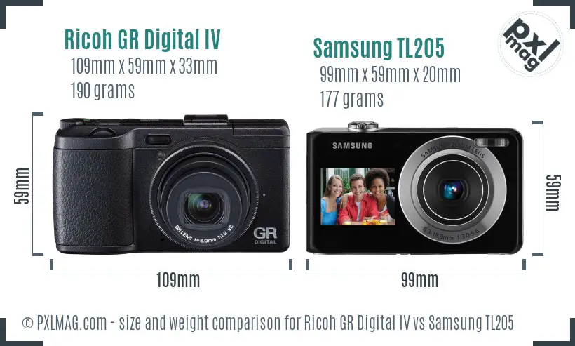 Ricoh GR Digital IV vs Samsung TL205 size comparison