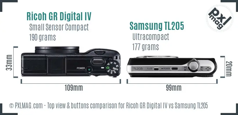 Ricoh GR Digital IV vs Samsung TL205 top view buttons comparison