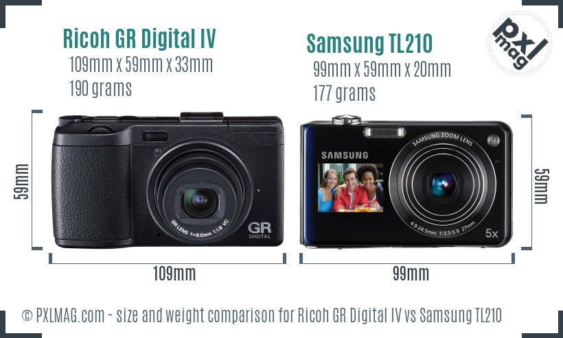 Ricoh GR Digital IV vs Samsung TL210 size comparison