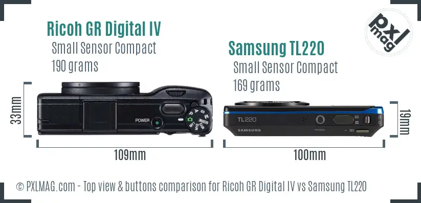 Ricoh GR Digital IV vs Samsung TL220 top view buttons comparison