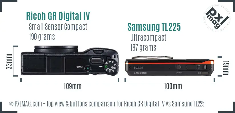 Ricoh GR Digital IV vs Samsung TL225 top view buttons comparison