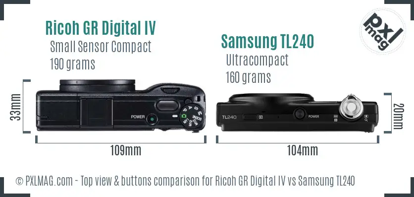 Ricoh GR Digital IV vs Samsung TL240 top view buttons comparison Ricoh GR Digital IV vs Samsung TL240 top view buttons comparison