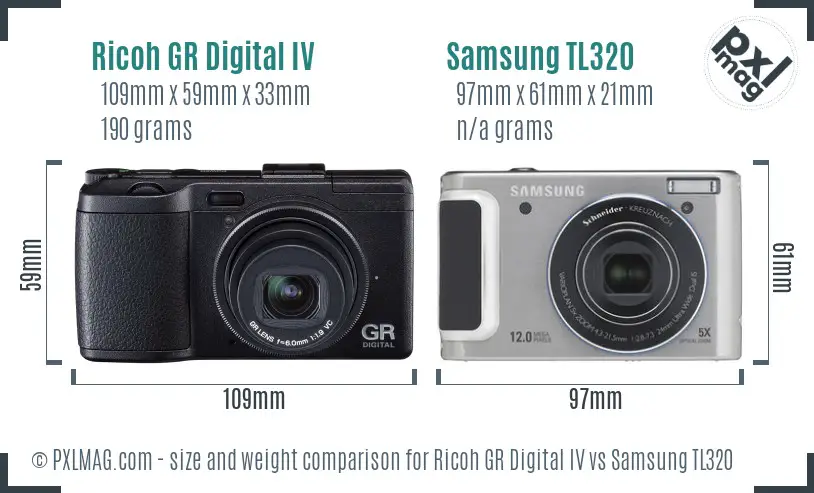 Ricoh GR Digital IV vs Samsung TL320 size comparison