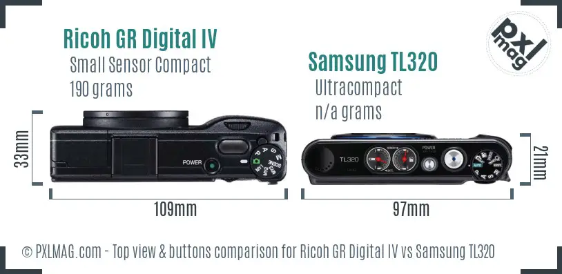 Ricoh GR Digital IV vs Samsung TL320 top view buttons comparison