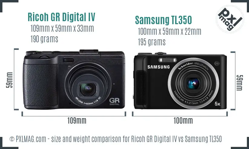 Ricoh GR Digital IV vs Samsung TL350 size comparison