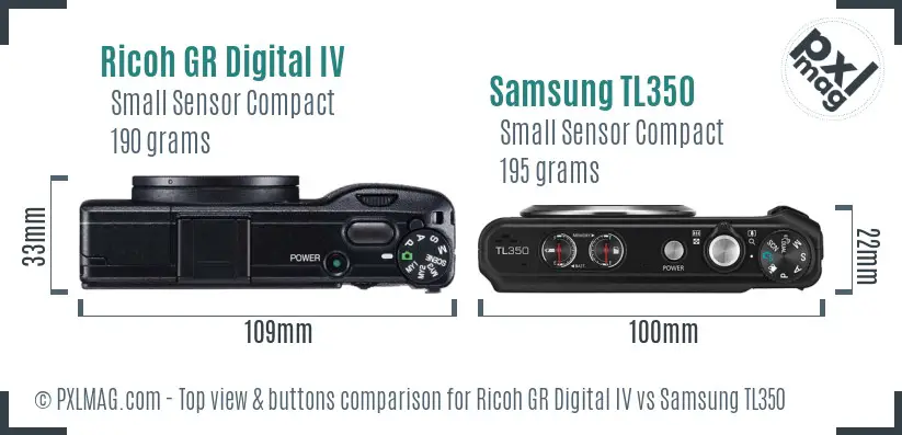 Ricoh GR Digital IV vs Samsung TL350 top view buttons comparison