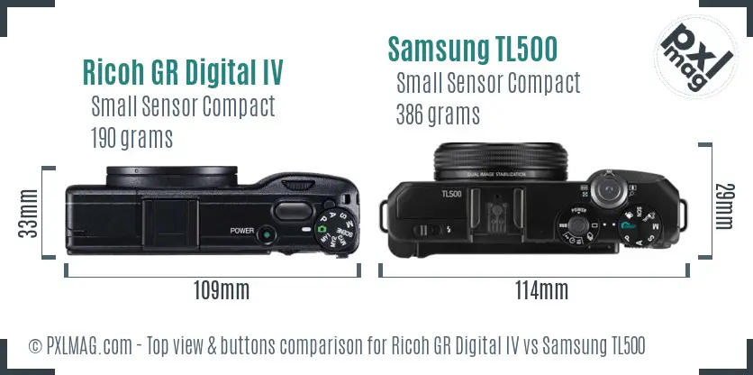 Ricoh GR Digital IV vs Samsung TL500 top view buttons comparison