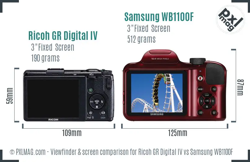 Ricoh GR Digital IV vs Samsung WB1100F Screen and Viewfinder comparison