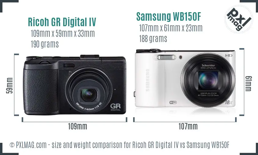Ricoh GR Digital IV vs Samsung WB150F size comparison