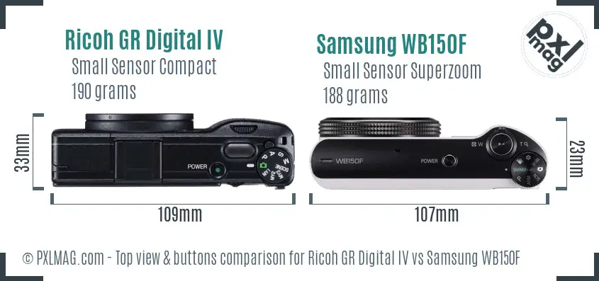 Ricoh GR Digital IV vs Samsung WB150F top view buttons comparison