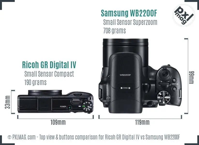 Ricoh GR Digital IV vs Samsung WB2200F top view buttons comparison