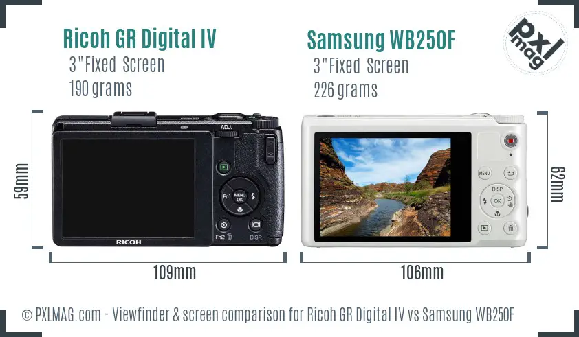 Ricoh GR Digital IV vs Samsung WB250F Screen and Viewfinder comparison