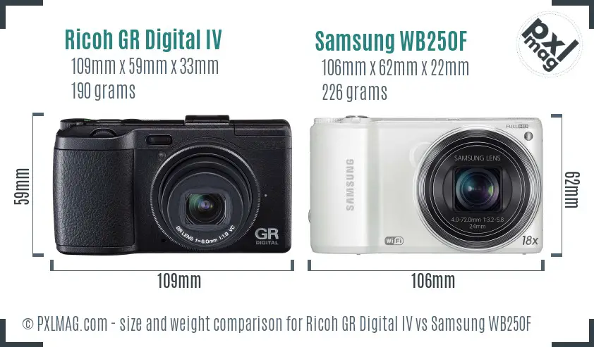 Ricoh GR Digital IV vs Samsung WB250F size comparison