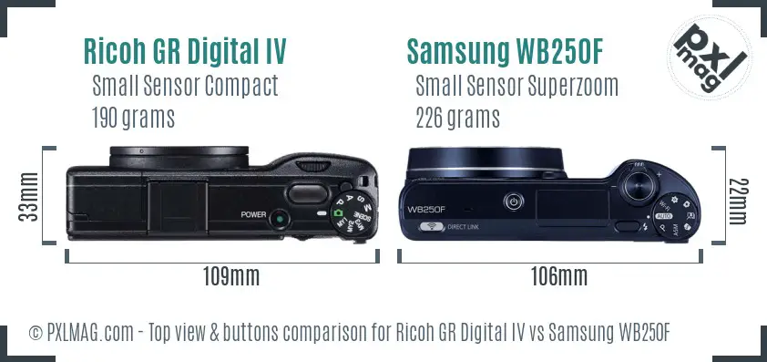 Ricoh GR Digital IV vs Samsung WB250F top view buttons comparison
