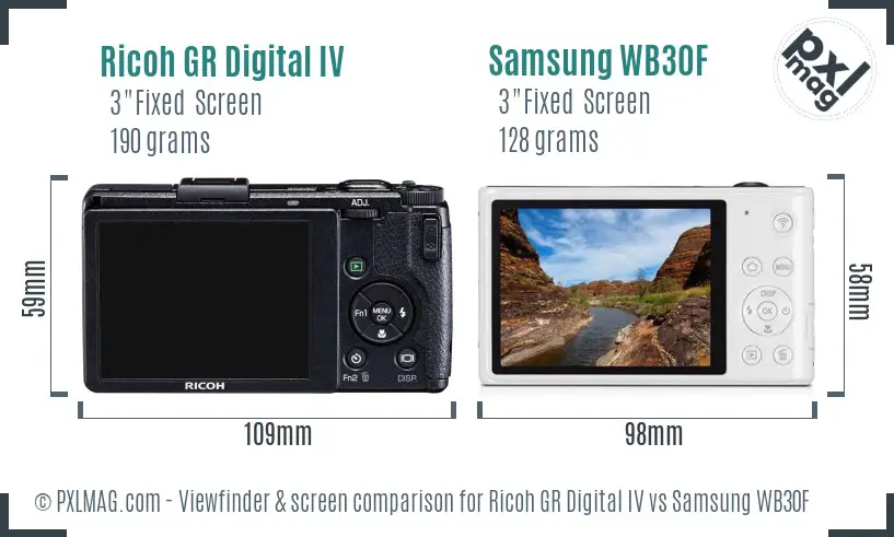 Ricoh GR Digital IV vs Samsung WB30F Screen and Viewfinder comparison