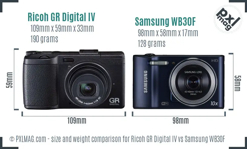 Ricoh GR Digital IV vs Samsung WB30F size comparison