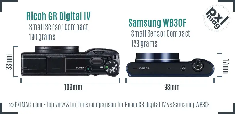 Ricoh GR Digital IV vs Samsung WB30F top view buttons comparison