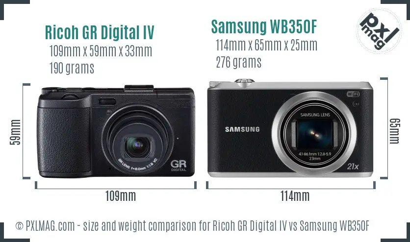 Ricoh GR Digital IV vs Samsung WB350F size comparison