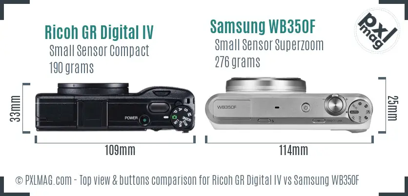 Ricoh GR Digital IV vs Samsung WB350F top view buttons comparison