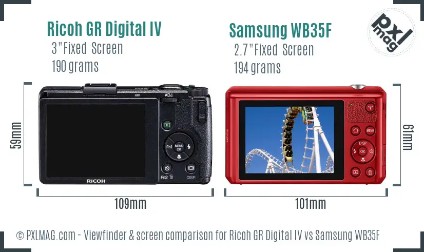 Ricoh GR Digital IV vs Samsung WB35F Screen and Viewfinder comparison