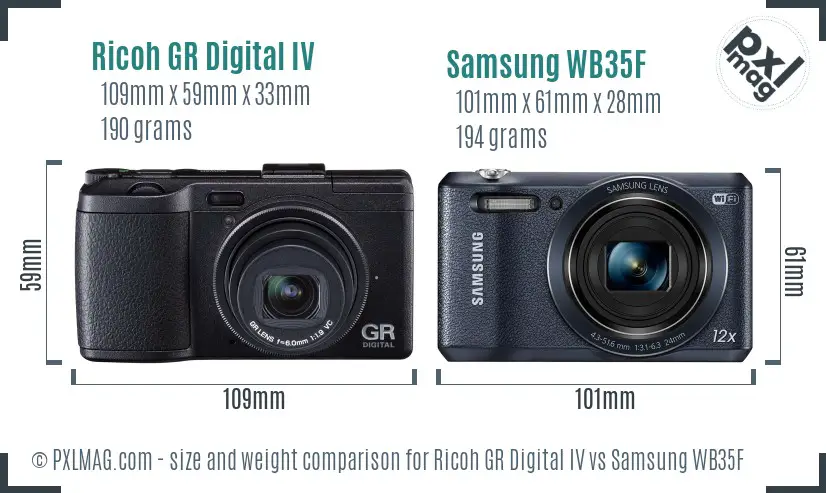 Ricoh GR Digital IV vs Samsung WB35F size comparison