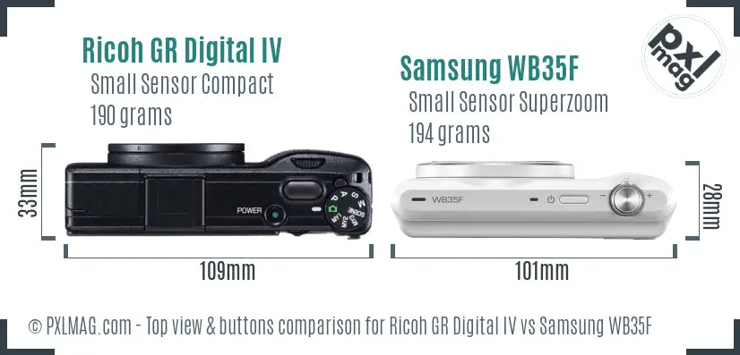 Ricoh GR Digital IV vs Samsung WB35F top view buttons comparison