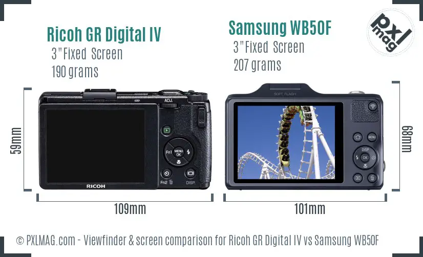 Ricoh GR Digital IV vs Samsung WB50F Screen and Viewfinder comparison