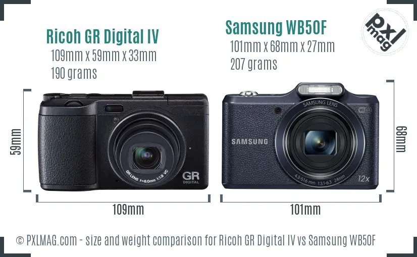 Ricoh GR Digital IV vs Samsung WB50F size comparison