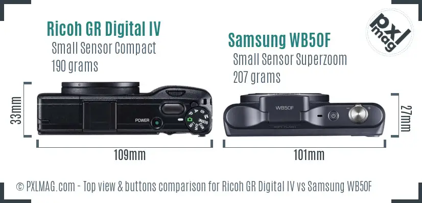 Ricoh GR Digital IV vs Samsung WB50F top view buttons comparison