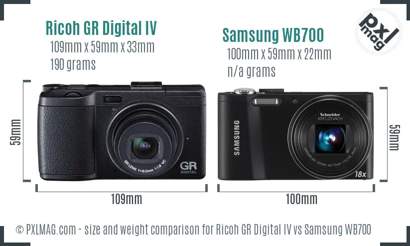 Ricoh GR Digital IV vs Samsung WB700 size comparison