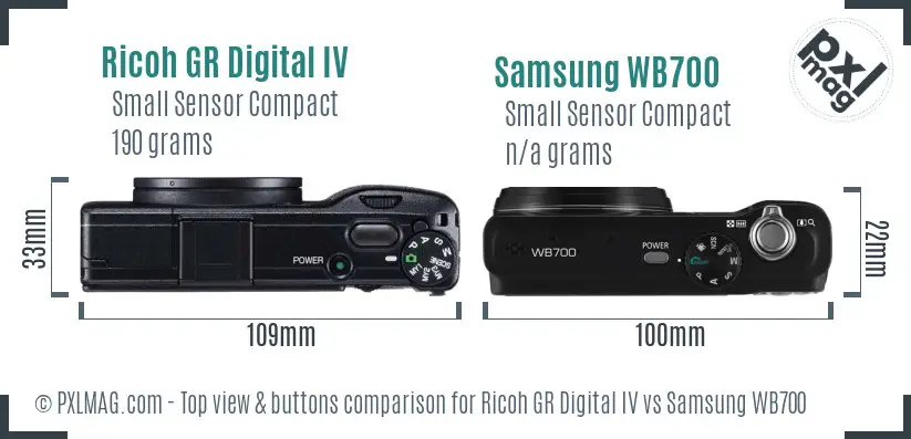 Ricoh GR Digital IV vs Samsung WB700 top view buttons comparison