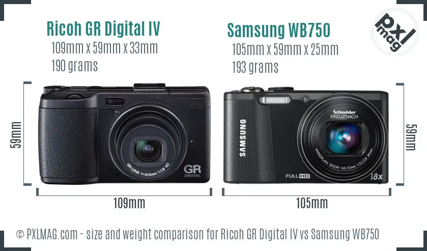 Ricoh GR Digital IV vs Samsung WB750 size comparison