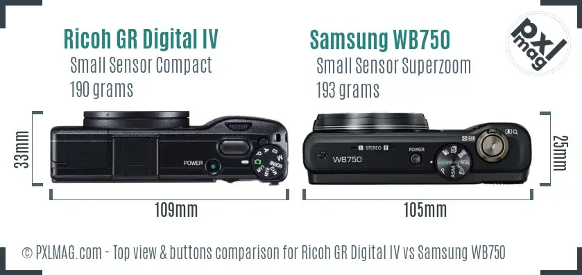 Ricoh GR Digital IV vs Samsung WB750 top view buttons comparison