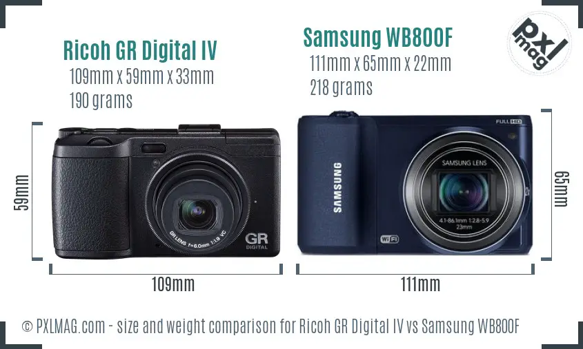 Ricoh GR Digital IV vs Samsung WB800F size comparison