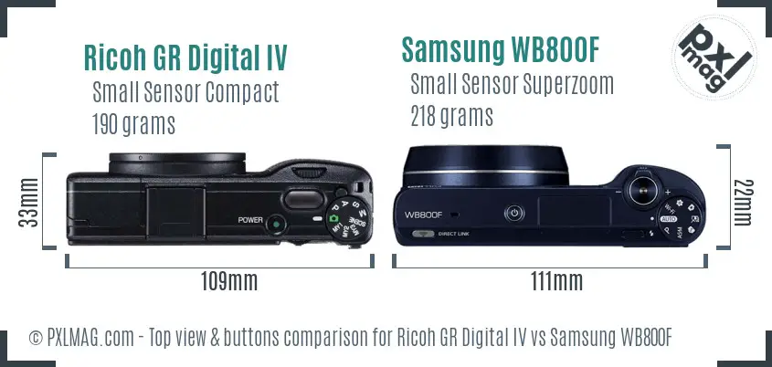 Ricoh GR Digital IV vs Samsung WB800F top view buttons comparison