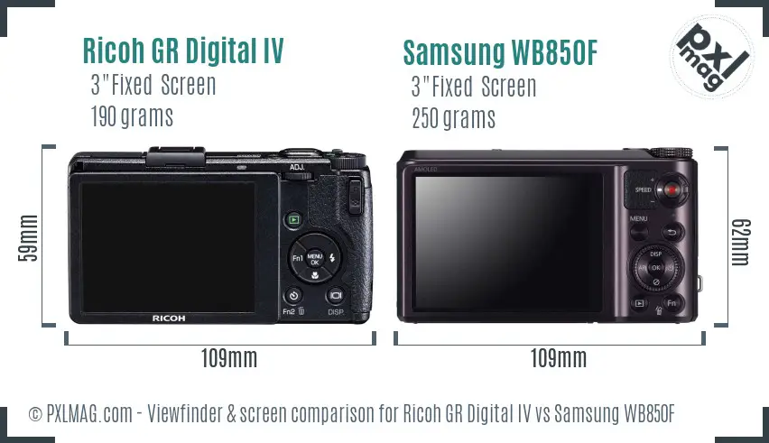 Ricoh GR Digital IV vs Samsung WB850F Screen and Viewfinder comparison