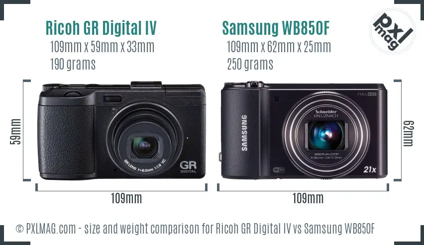 Ricoh GR Digital IV vs Samsung WB850F size comparison