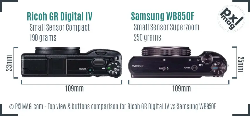Ricoh GR Digital IV vs Samsung WB850F top view buttons comparison