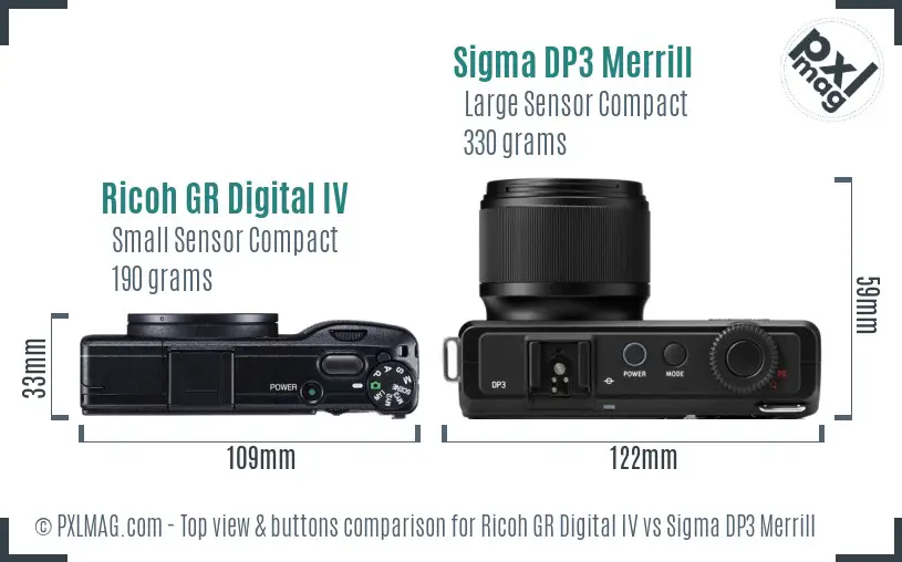 Ricoh GR Digital IV vs Sigma DP3 Merrill top view buttons comparison