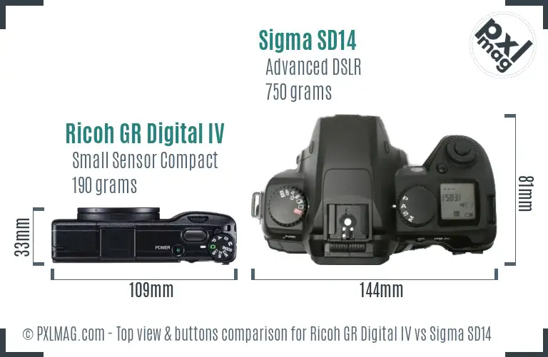 Ricoh GR Digital IV vs Sigma SD14 top view buttons comparison