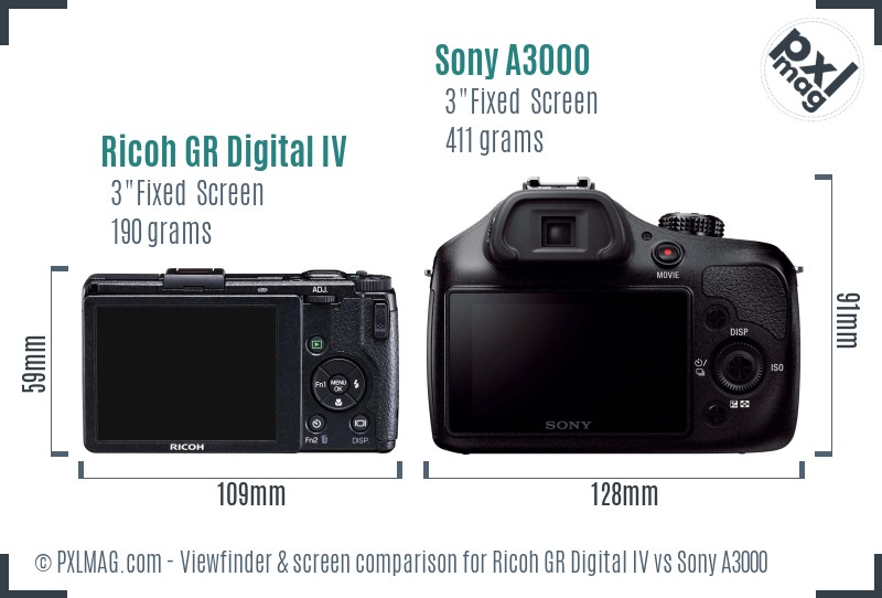Ricoh GR Digital IV vs Sony A3000 Screen and Viewfinder comparison