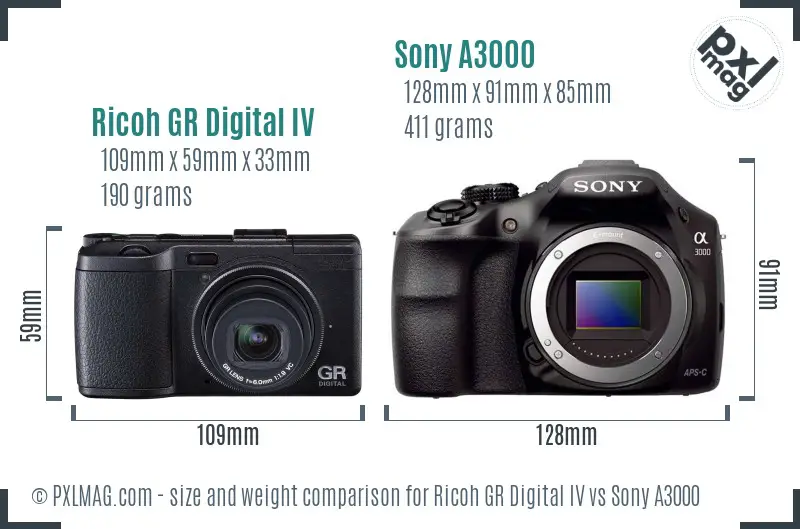 Ricoh GR Digital IV vs Sony A3000 size comparison