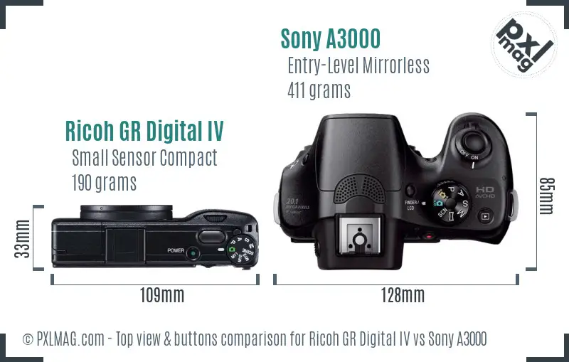 Ricoh GR Digital IV vs Sony A3000 top view buttons comparison