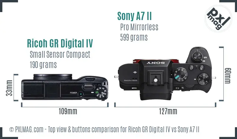 Ricoh GR Digital IV vs Sony A7 II top view buttons comparison