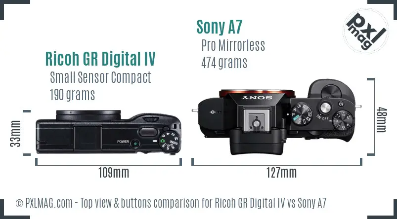 Ricoh GR Digital IV vs Sony A7 top view buttons comparison