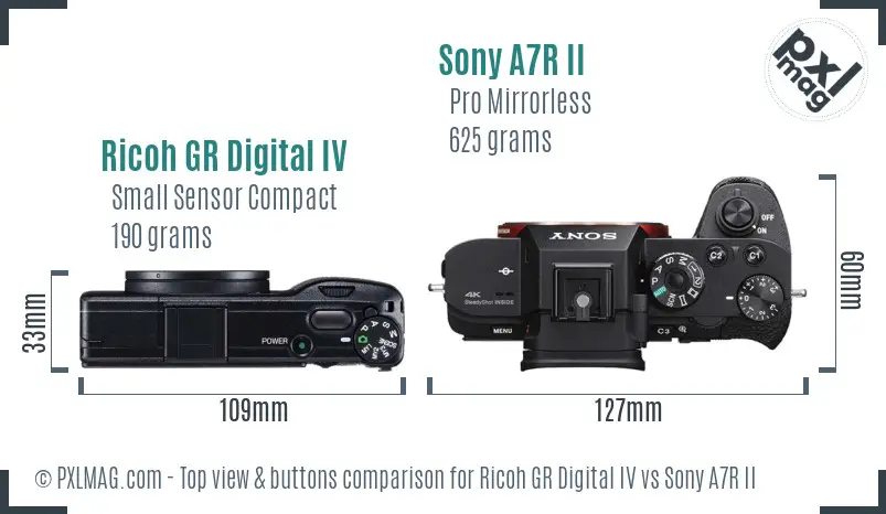 Ricoh GR Digital IV vs Sony A7R II top view buttons comparison
