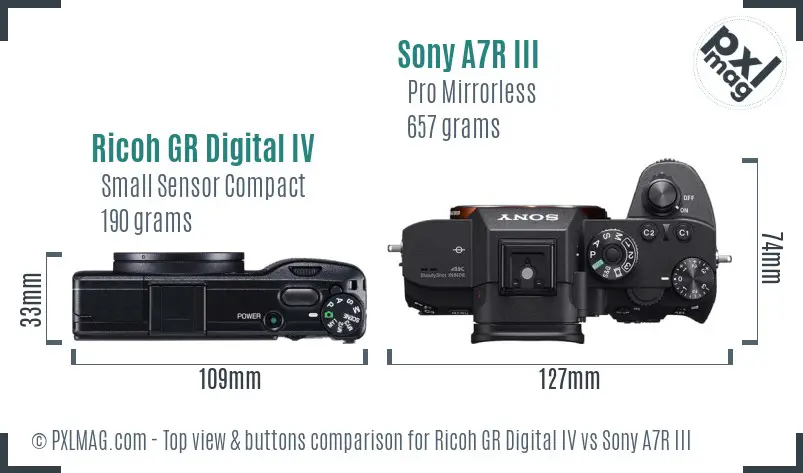 Ricoh GR Digital IV vs Sony A7R III top view buttons comparison