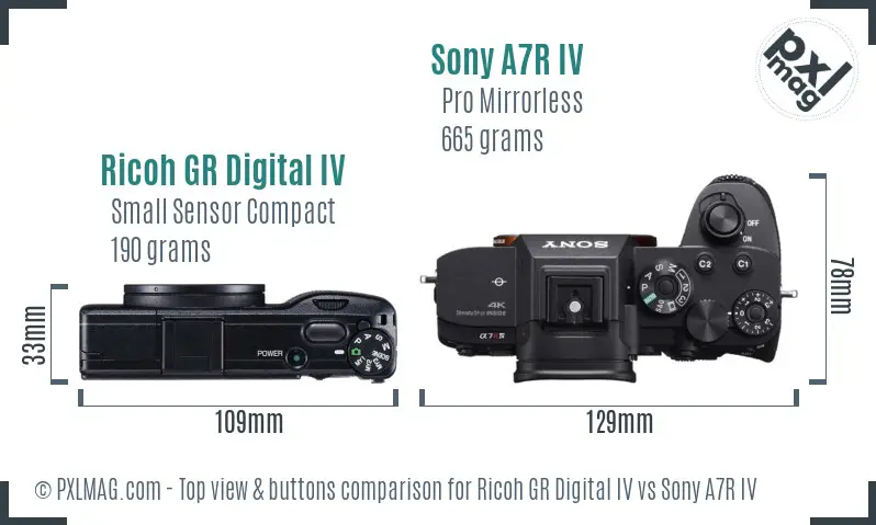 Ricoh GR Digital IV vs Sony A7R IV top view buttons comparison