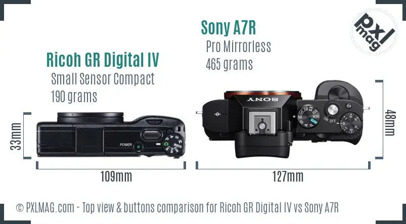 Ricoh GR Digital IV vs Sony A7R top view buttons comparison